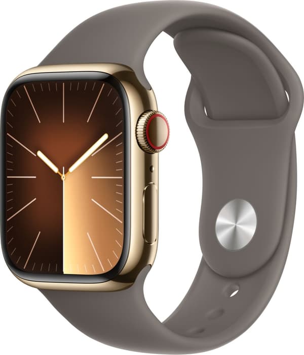 Apple Watch Series 9 (GPS + Cellular) 41 mm guldfarvet urkasse i rustfrit stål og lerfarvet sportsarmbånd, M/L (MRJ63)