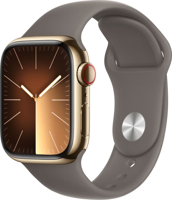 Apple Watch Series 9 (GPS + Cellular) 41 mm guldfarvet urkasse i rustfrit stål og lerfarvet sportsarmbånd, M/L (MRJ63)