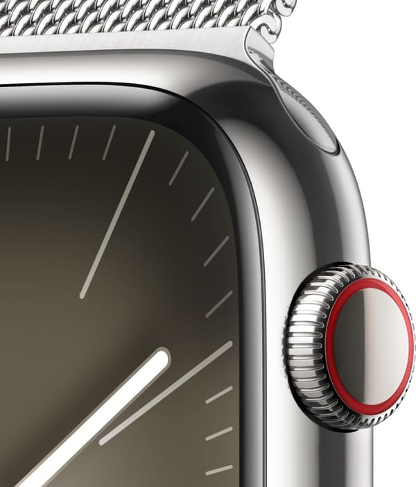 Apple Watch Series 9 (GPS + Cellular) 45 mm silverfärgad boett i rostfritt stål och silverfärgat Milanoband (MRMQ3)
