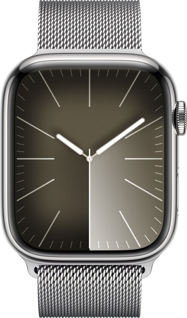 Apple Watch Series 9 (GPS + Cellular) 45 mm silverfärgad boett i rostfritt stål och silverfärgat Milanoband (MRMQ3)