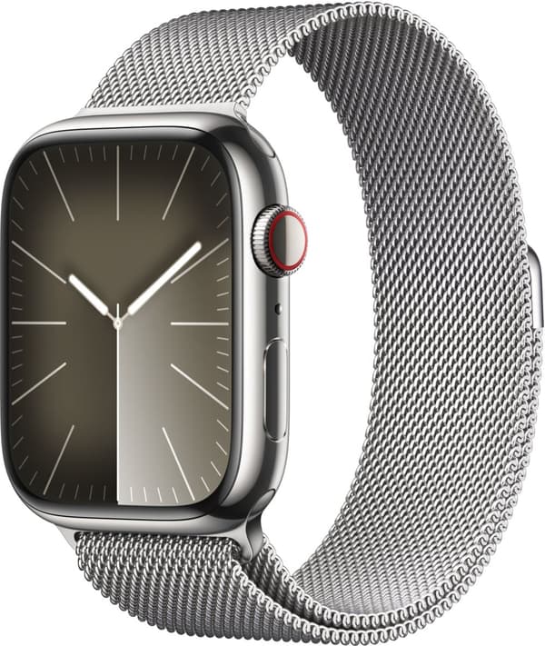 Apple Watch Series 9 (GPS + Cellular) 45 mm silverfärgad boett i rostfritt stål och silverfärgat Milanoband (MRMQ3)