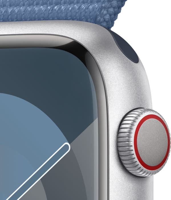 Apple Watch Series 9 (GPS + Cellular) 45 mm silverfärgad aluminiumboett och vinterblått Sport Loop-armband (MRMJ3)