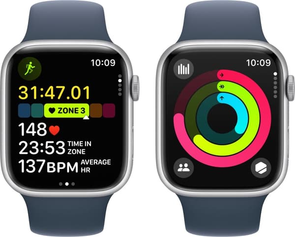 Apple Watch Series 9 (GPS + Cellular) 45 mm sølvfarget aluminiumsdeksel og stormblått sportsarmbånd, M/L (MRMH3)
