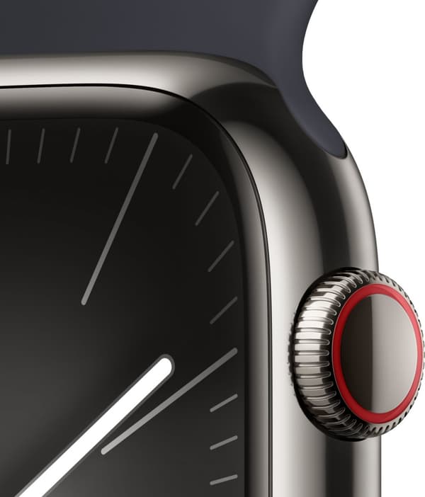 Apple Watch Series 9 (GPS + Cellular) 45 mm grafitfarvet rustfri stålkasse og midnatsblå sportsrem, M/L (MRMW3)