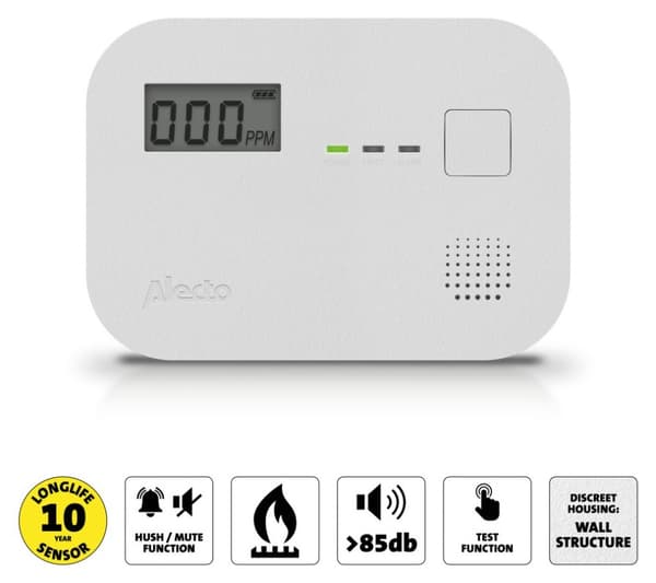 Kuliltedetektor (CO) med display Alecto COA3910