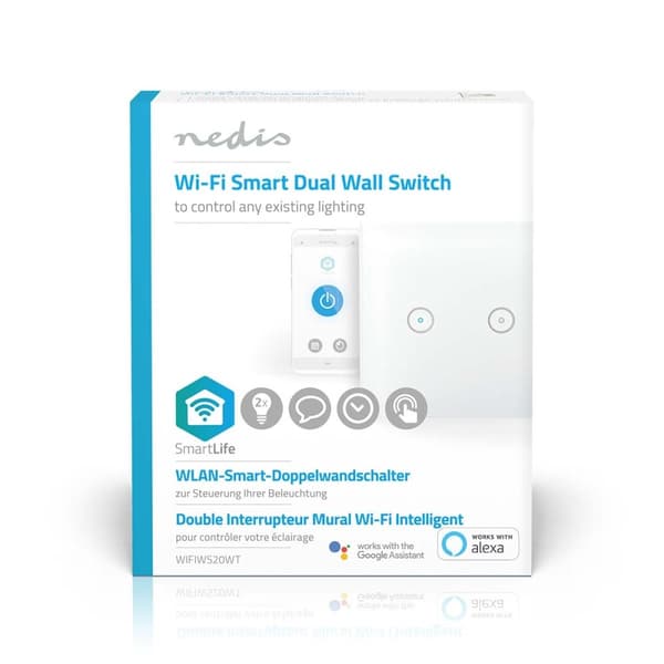 Nedis SmartLife Vægkontakt | Wi-Fi | Dobbelt | Vægbeslag | 1000 W | Android™ / IOS | Glas | Hvid