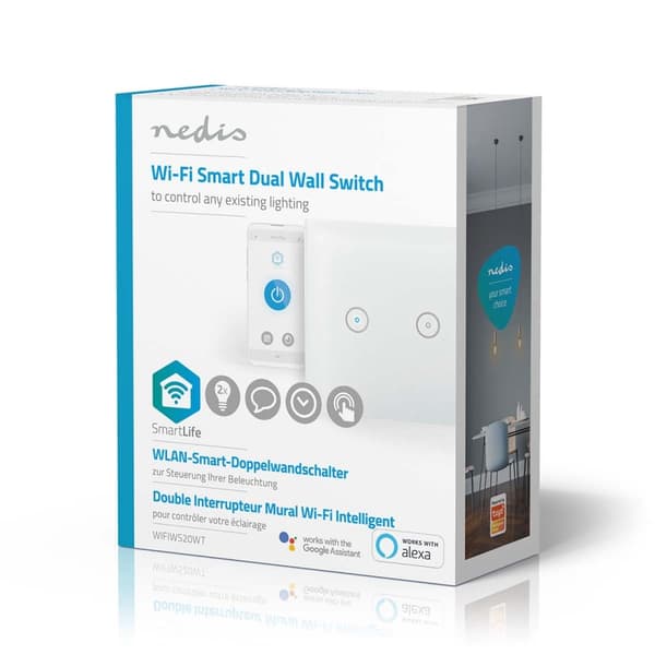 Nedis SmartLife Vægkontakt | Wi-Fi | Dobbelt | Vægbeslag | 1000 W | Android™ / IOS | Glas | Hvid