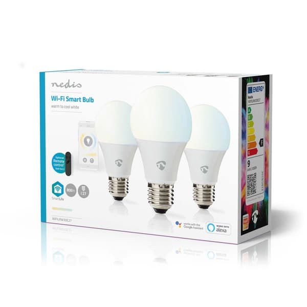 Nedis SmartLife LED-Pære | Wi-Fi | E27 | 806 lm | 9 W | Varm til kølig hvid | 2700 - 6500 K | Android™ / IOS | Pære | 3 stk
