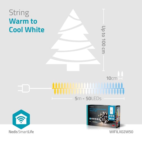 Nedis SmartLife Jouluvalot | Nauha | Wi-Fi | Lämpimästä kylmään valkoiseen | 50 LED's | 5.00 m | Android™ / IOS