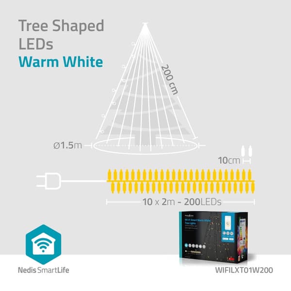 Nedis SmartLife Jouluvalot | Puu | Wi-Fi | Lämmin Valkoinen | 200 LED's | 20.0 m | 10 x 2 m | Android™ / IOS