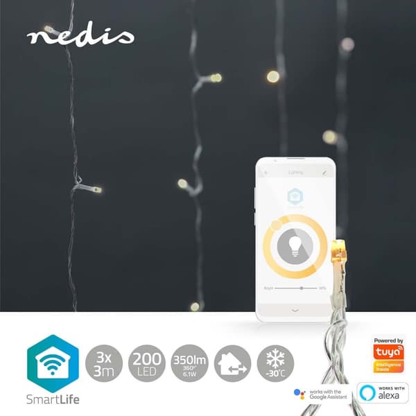Nedis SmartLife Julelys | Gardin | Wi-Fi | Varm Hvit | 200 LED's | 3.00 m | Android™ / IOS