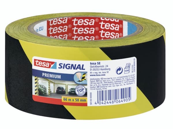 Advarselstape tesa premium, 50 mm x 66 m, gul/sort