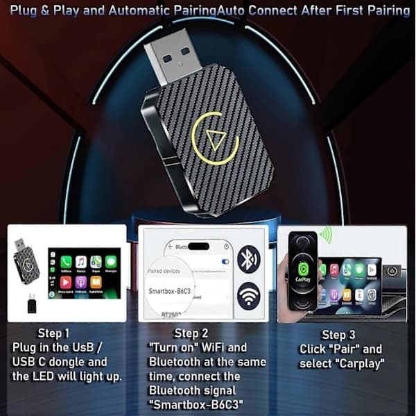2025 Trådlös CarPlay-adapter – Uppgraderad, Trådlös CarPlay-dongel, Konverterar Trådbunden CarPlay till Trådlös, Plug and Play Trådlös CarPlay-adapter
