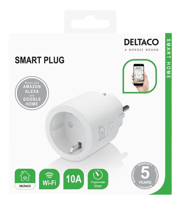 DELTACO SMART HOME älypistorasia, Wi-Fi, 1xCEE 7/3, 10A, ajastin, valk