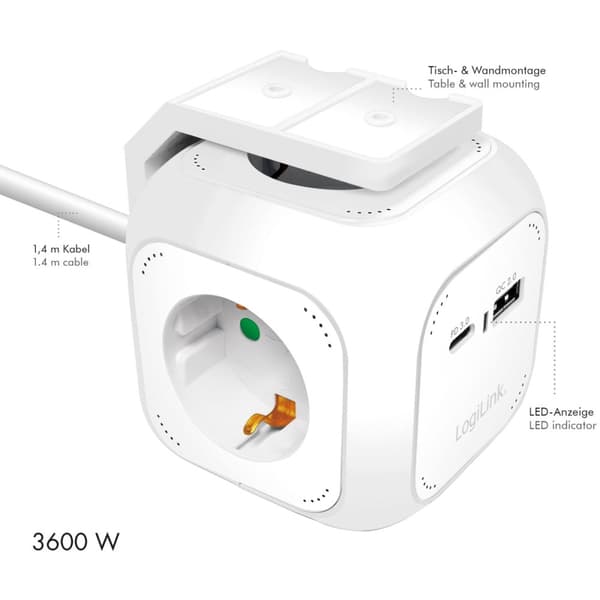 LogiLink Power Cube Multi-grenuttag + USB-A/USB-C PD 20W