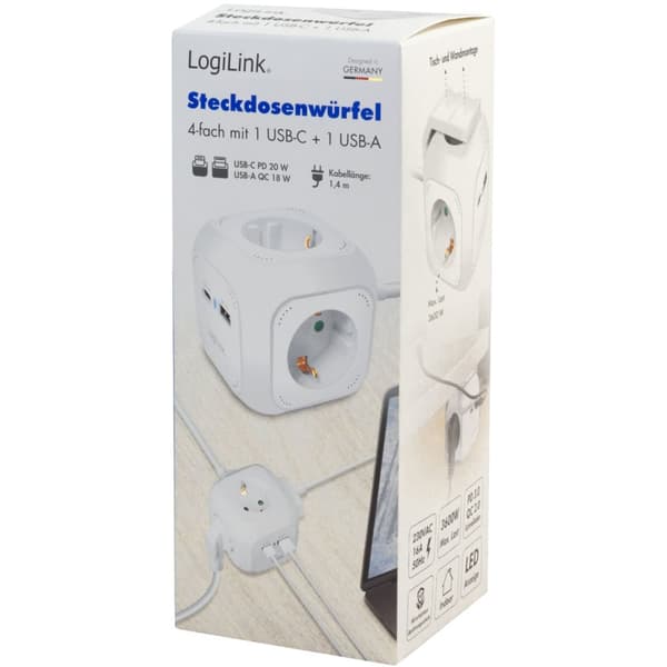 LogiLink Power Cube Multi-grenuttag + USB-A/USB-C PD 20W