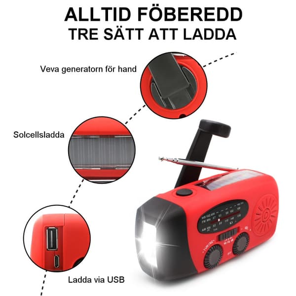 Nödradio Delux 2000mAh Powerbank Dynamo VevRadio Solcell  3-USB