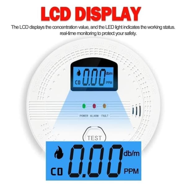 2-i-1 brand- och kolmonoxiddetektor för hemmet, med LCD-skärm, batteridriven, digital visning och ljud- samt ljusalarm, storlek 10,7×10,7×3,8 cm