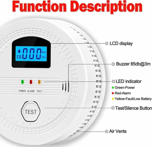 2-i-1 brand- och kolmonoxiddetektor för hemmet, med LCD-skärm, batteridriven, digital visning och ljud- samt ljusalarm, storlek 10,7×10,7×3,8 cm
