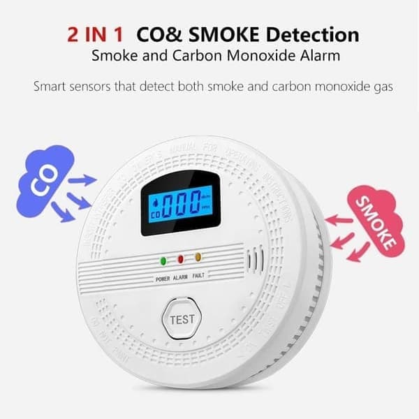 2-i-1 brand- och kolmonoxiddetektor för hemmet, med LCD-skärm, batteridriven, digital visning och ljud- samt ljusalarm, storlek 10,7×10,7×3,8 cm
