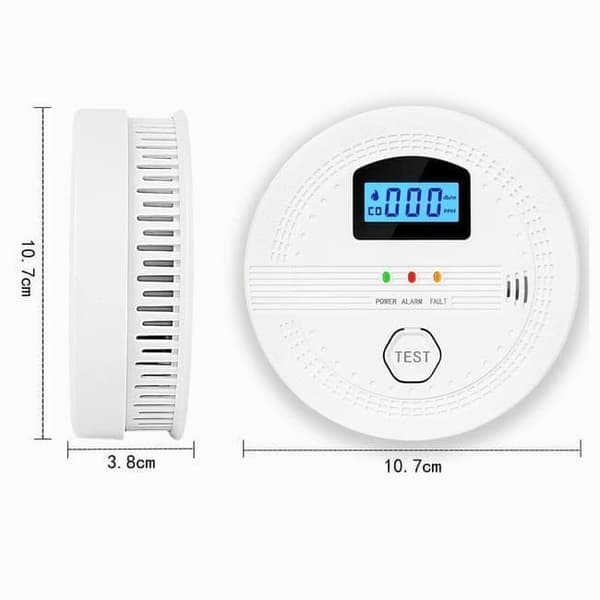 2-i-1 brand- och kolmonoxiddetektor för hemmet, med LCD-skärm, batteridriven, digital visning och ljud- samt ljusalarm, storlek 10,7×10,7×3,8 cm