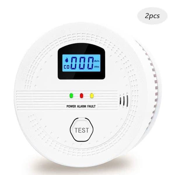2-i-1 brand- och kolmonoxiddetektor för hemmet, med LCD-skärm, batteridriven, digital visning och ljud- samt ljusalarm, storlek 10,7×10,7×3,8 cm
