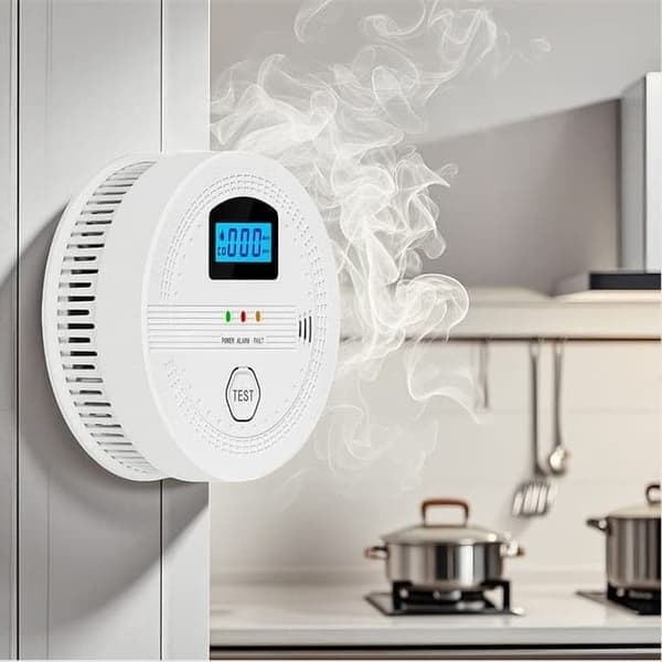 2-i-1 brand- och kolmonoxiddetektor för hemmet, med LCD-skärm, batteridriven, digital visning och ljud- samt ljusalarm, storlek 10,7×10,7×3,8 cm