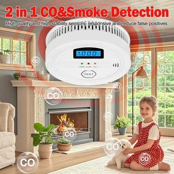 2-i-1 brand- och kolmonoxiddetektor för hemmet, med LCD-skärm, batteridriven, digital visning och ljud- samt ljusalarm, storlek 10,7×10,7×3,8 cm
