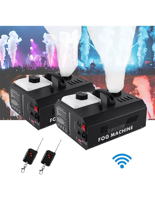 1500W tågemaskine, fjernbetjening, DMX-kontrol, 10 minutters opvarmningstid,EU stik, 2 stk