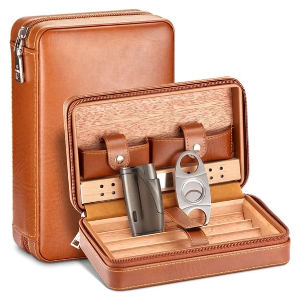 Cederträ Cigar Humidor Låda, Med Luftfuktare, Läderfodral,Med Cutter Lighter-a