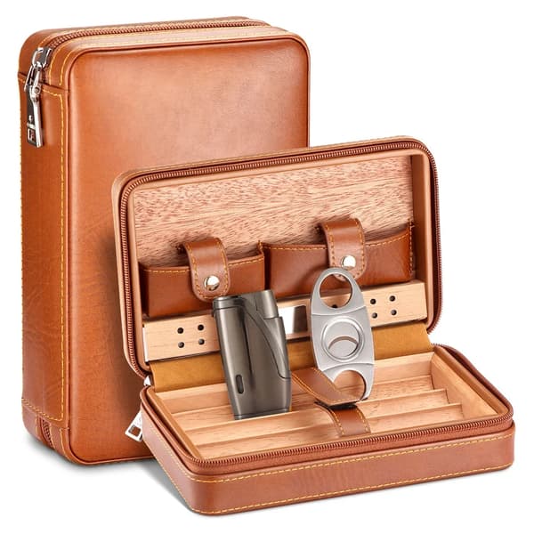 Bärbar Cigar Humidor, Läder- och Cederträskonstruktion, Inkluderar Klippare och Tändare,Med Cutter Lighter-b