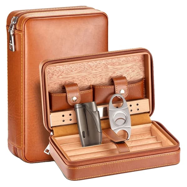 Bärbar Cigar Humidor, Läder- och Cederträskonstruktion, Inkluderar Klippare och Tändare,Med Cutter Lighter-b