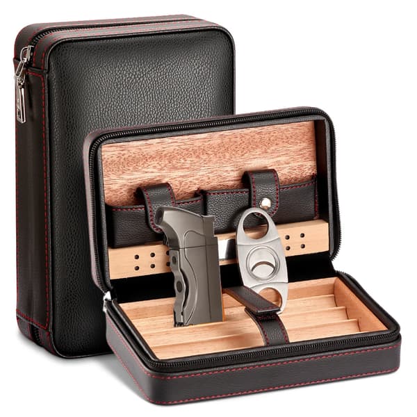 Bærbar Cigar Humidor, Læder- og Cedertræsbyggeri, Inkluderer Cutter og Lighter,Med Cutter Lighter