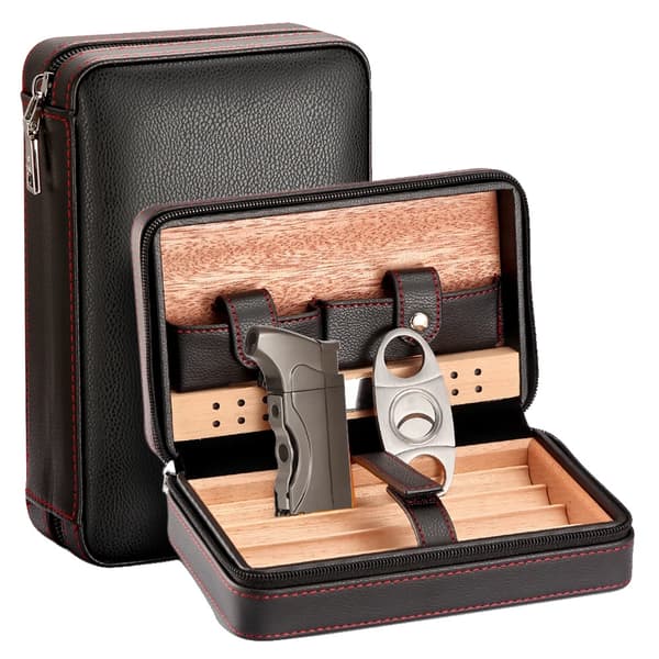 Bærbar Cigar Humidor, Læder- og Cedertræsbyggeri, Inkluderer Cutter og Lighter,Med Cutter Lighter