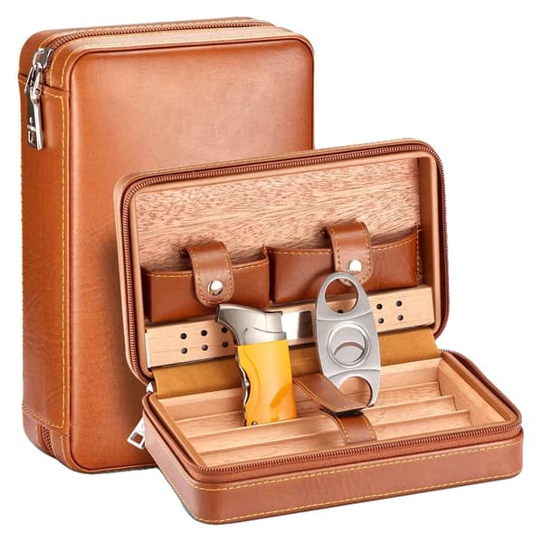 Bærbar Cigar Humidor, Læder- og Cedertræsbyggeri, Inkluderer Cutter og Lighter,Med Cutter Lighter-c