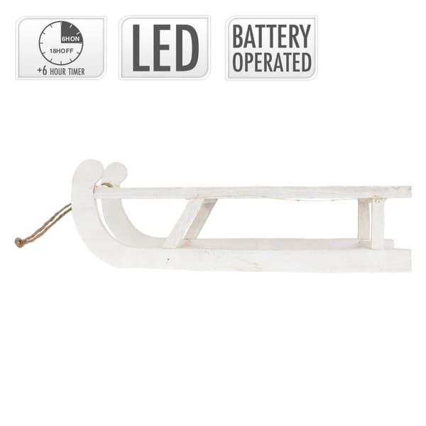 ECD Germany DEKO SLED WOOD, 50,5 x 13,5x23,5 cm, hvid, med LED, juledekoration, juledekoration, med batterier, træslæde, træ deco, dekoration, decoil