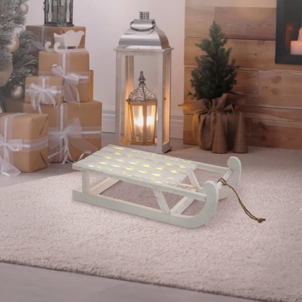ECD Germany DEKO SLED WOOD, 50,5 x 13,5x23,5 cm, hvid, med LED, juledekoration, juledekoration, med batterier, træslæde, træ deco, dekoration, decoil