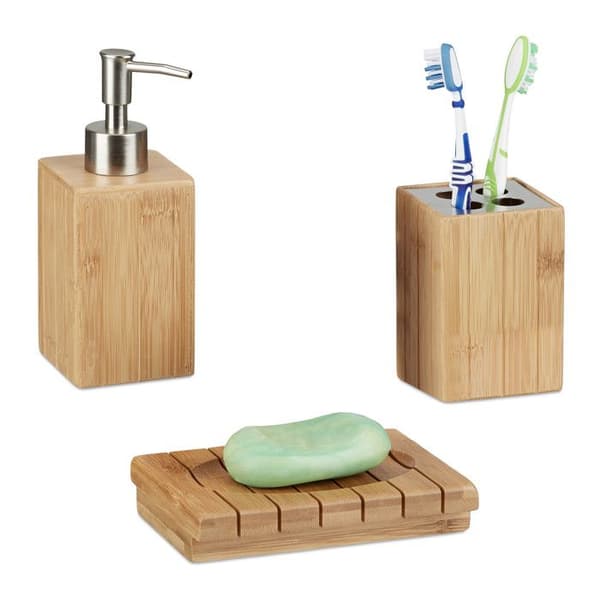 Relaxdays Bamboo Badrumstillbehör 3-delat set Tvåldispenser Tumbler Tandborste Tvålkopp, naturlig