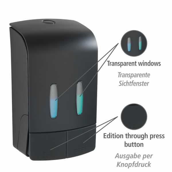 WENKO Vägghängd flytande tvålbehållare Tartas, vägghängd dispenser för handdesinfektionsgel, utan borrning, 2x480 ml, Plast, svart