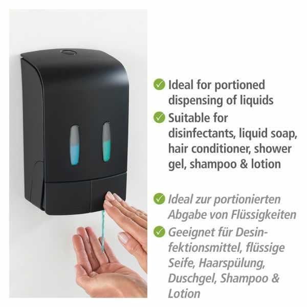 WENKO Vägghängd flytande tvålbehållare Tartas, vägghängd dispenser för handdesinfektionsgel, utan borrning, 2x480 ml, Plast, svart