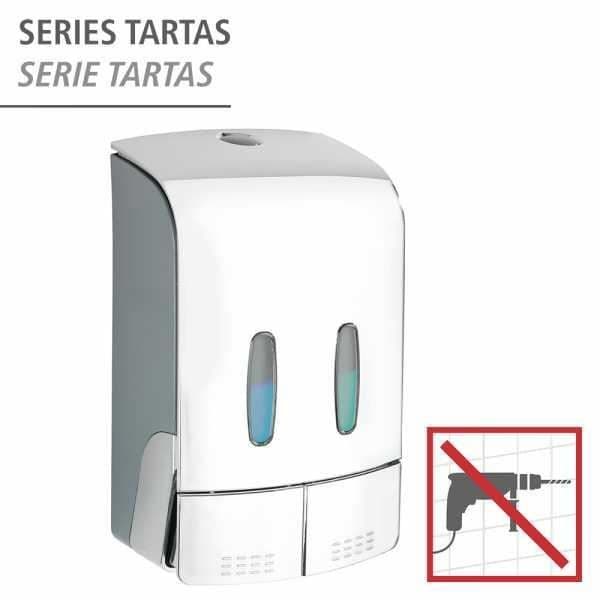 WENKO Tartas väggmonterad dispenser för flytande tvål, väggmonterad dispenser för hydroalkoholisk gel, utan borrning, 2x480 ml, Plast, krom