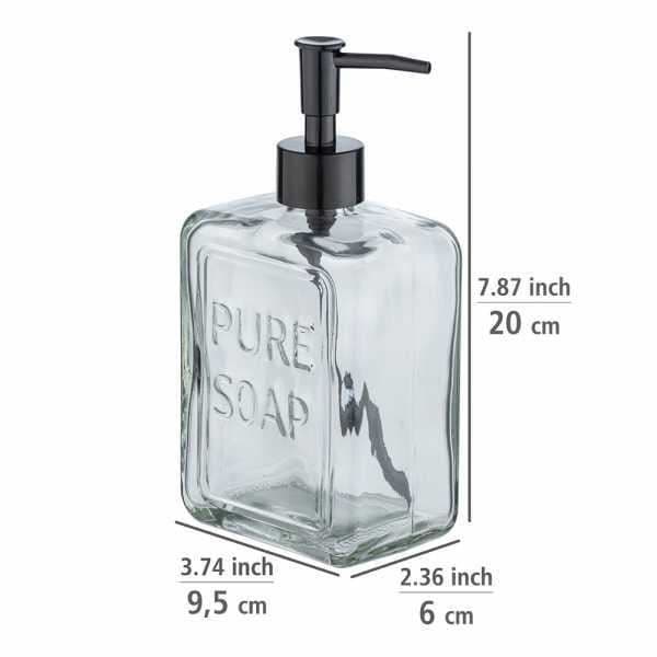 WENKO Dispenser för flytande tvål "Pure Soap", Kapacitet 550 ml, dispenser för flytande tvål, 9,5x20x6 cm, transparent