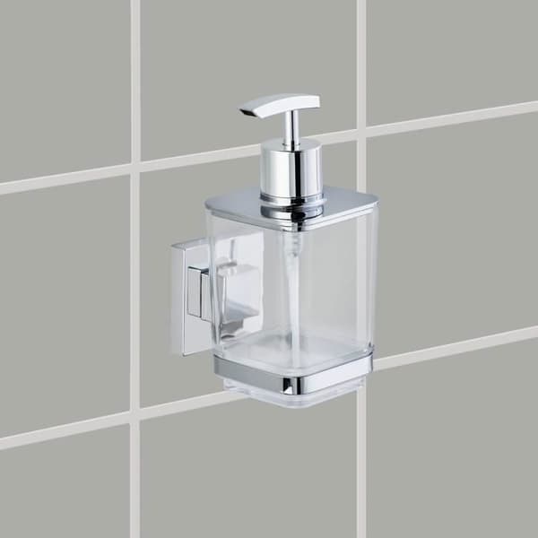 Väggmonterad dispenser för flytande tvål - WENKO - Quadro - Fixering utan borrning - Rostfritt stål - 330 ml