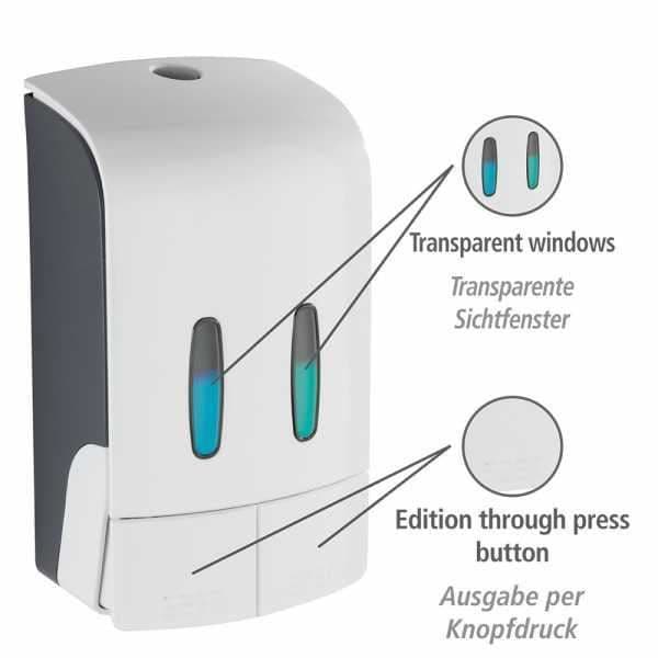 WENKO Tartas väggmonterad dispenser för flytande tvål, väggmonterad dispenser för hydroalkoholisk gel, utan borrning, 2x480 ml, plast, vit