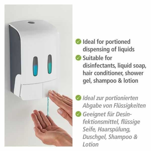 WENKO Tartas väggmonterad dispenser för flytande tvål, väggmonterad dispenser för hydroalkoholisk gel, utan borrning, 2x480 ml, plast, vit