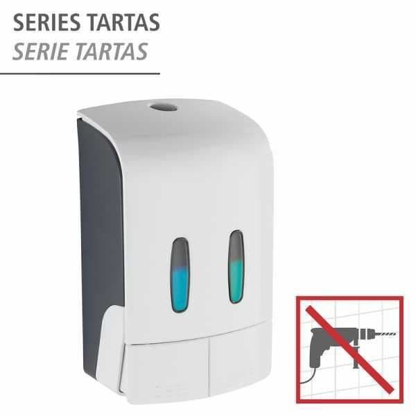 WENKO Tartas väggmonterad dispenser för flytande tvål, väggmonterad dispenser för hydroalkoholisk gel, utan borrning, 2x480 ml, plast, vit