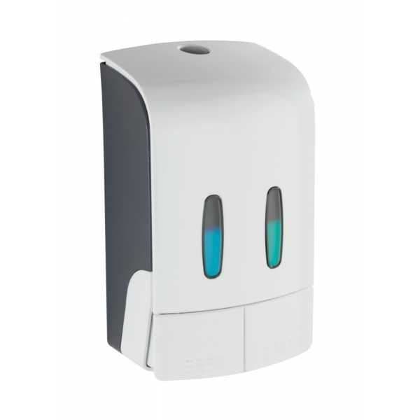 WENKO Tartas väggmonterad dispenser för flytande tvål, väggmonterad dispenser för hydroalkoholisk gel, utan borrning, 2x480 ml, plast, vit
