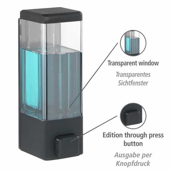 WENKO Istres väggmonterad dispenser för flytande tvål, väggmonterad dispenser för hydroalkoholisk gel, utan borrning, 320 ml, plast, svart