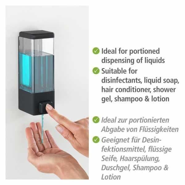 WENKO Istres väggmonterad dispenser för flytande tvål, väggmonterad dispenser för hydroalkoholisk gel, utan borrning, 320 ml, plast, svart