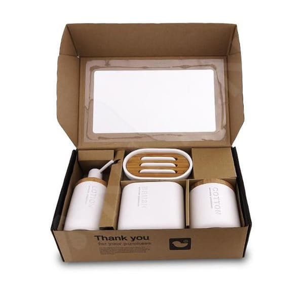 Nimco Kora 4-i-1 badrumsaccessoarset, vit / bambu KO 24000SET-05